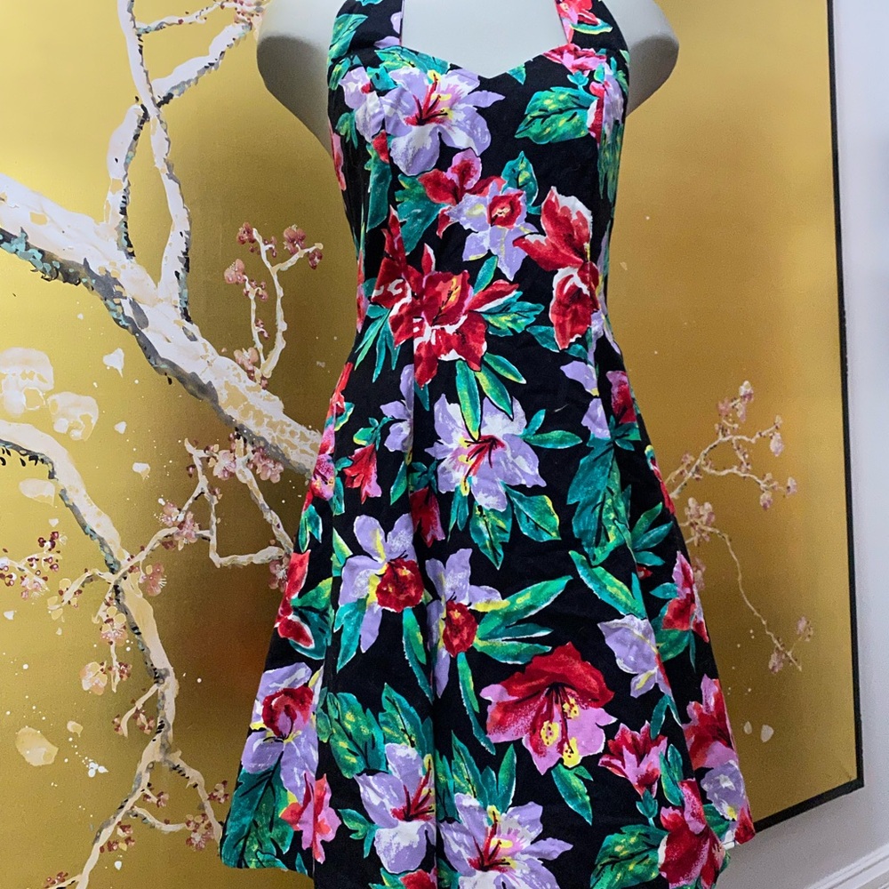 Vintage Floral Halter Dress - Black, Red, Green, Purple